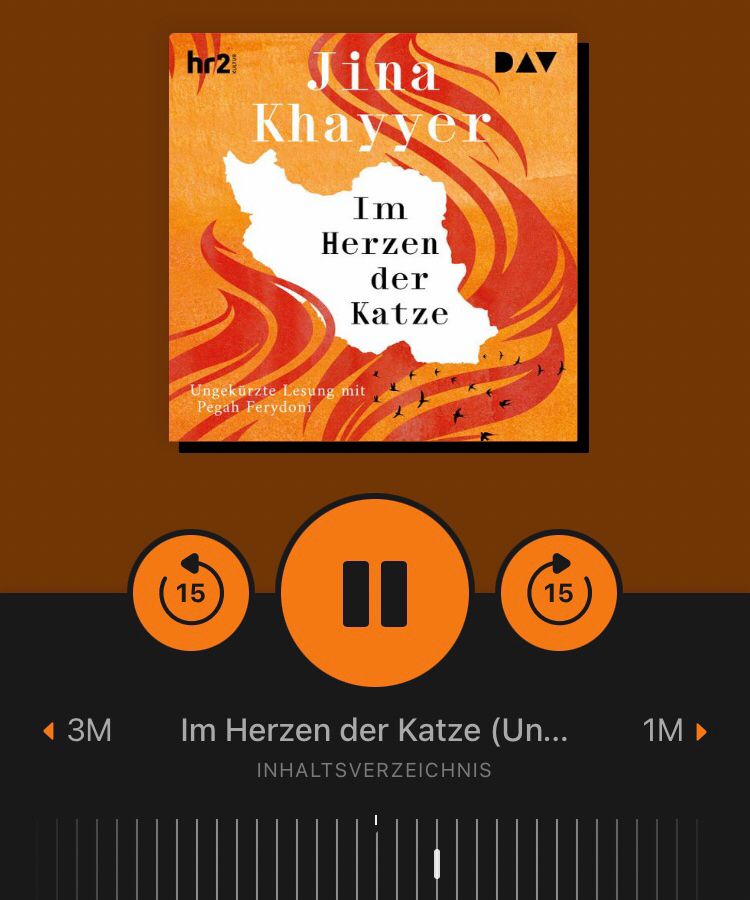der roman "im herzen der katze" von jina khayyer, gelesen von pegah ferydoni, in einer hörbuchapp