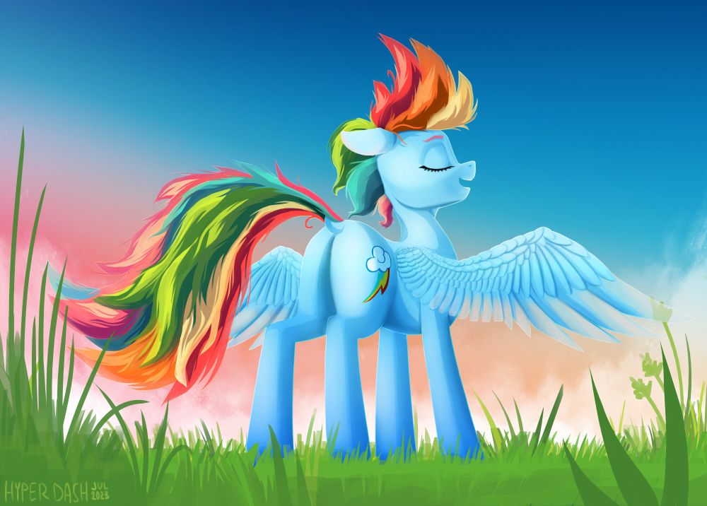 Rainbow Dash stands in a grassy pasture in front of a sunset sky, spreading her wings and enjoying the breeze. She's faced slightly away from the viewer and her mane and tail flow in the wind.