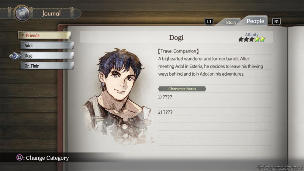 In game character page for a character named Dogi,  it shows a sketch looking like it was drawn with coloured pencils of a  young adult man with blue hair. His description says:
"A bighearted wanderer and former bandit. After meeting Adol in Esteria, he decides to leave his thieving
ways behind and join Adol on his adventures."
