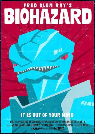 Schlefaz-Filmplakat zu "Biohazard"
Minimalistisch gezeichnet ein blaues billig-alien vor rotem Hintergrund. 