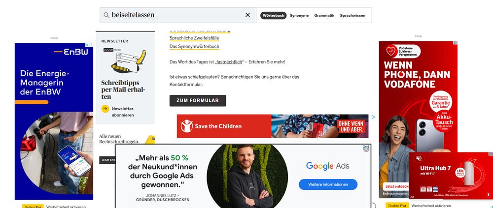 Screenshot Dudenwebsite voller Werbebanner, die den Großteil der Gesamtfläche ausmachen
