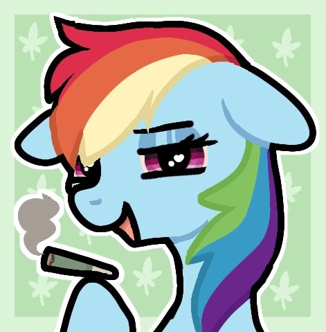 Rainbow Dash from my little pony holding a already lit joint in her hands, grinning.