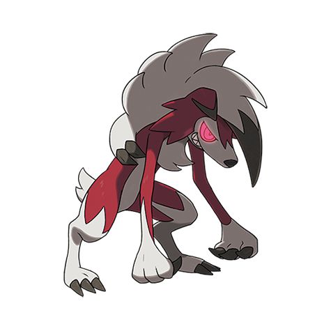 Midnight form lycanroc. Bipedal wolf like Pokémon. Red, black and white fur. Glowing red eyes. 