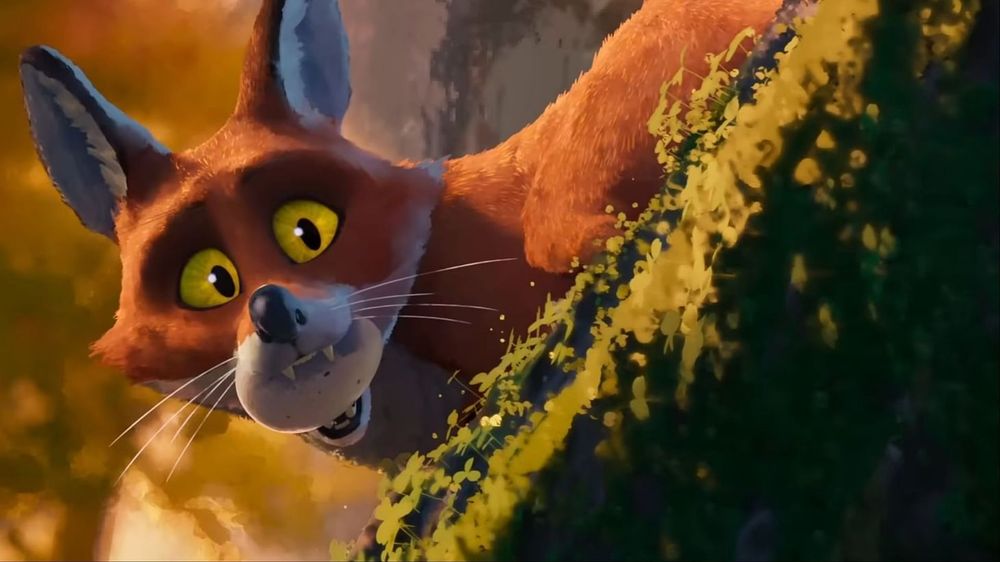 Fink the fox with egg in his mouth. From the movie Wild Robot. There's also moss in the foreground.