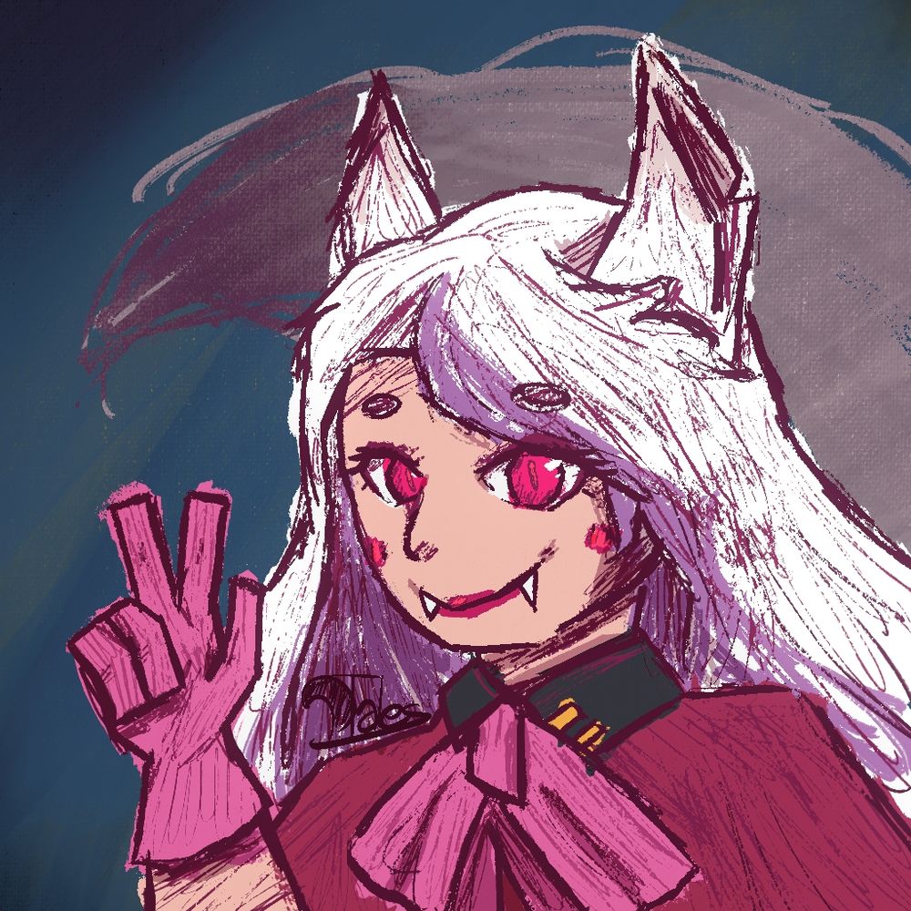 Icon of my sona, a Kitsune with red eyes, white hair and purple highlights, in her old design of a red cape with pink bow and gloves, holding up a peace sign. Drawn by me.
