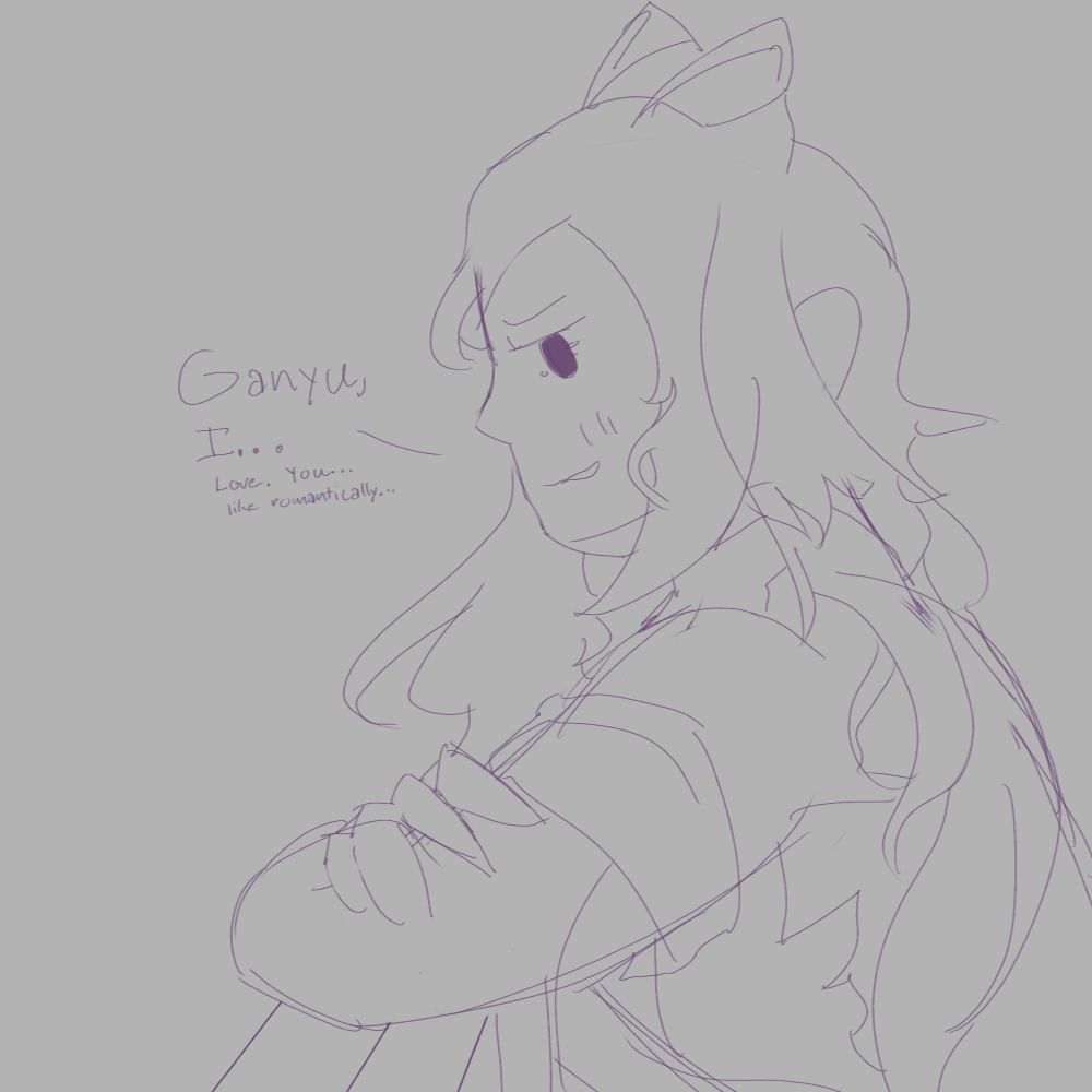 A WIP illustration of Keqing from Genshin Impact. She's in her alternate costume and is talking to Ganyu, seeming a bit awkward and glancing at her from the side. She says "Ganyu, I... Love you. Like romantically..."