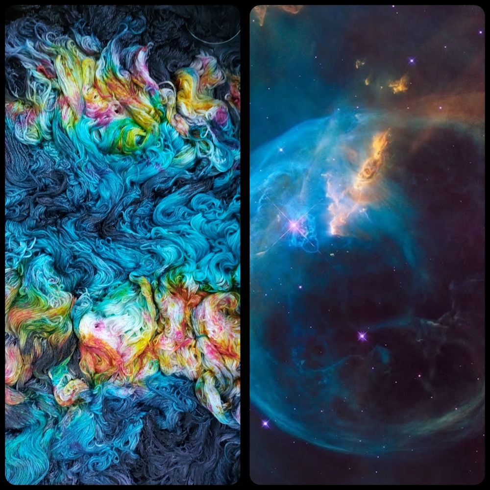 A side-by-side collage. On the left is a close-up of hand-dyed yarn in swirling shades of deep opal, bright turquoise, electric blue, hot pink, chartreuse, and gold—mimicking the look of nebula clouds. On the right is NASA's Hubble image of the Bubble Nebula, featuring a glowing sphere of blue and violet gases with hints of golden-orange, set against the dark expanse of space dotted with stars. The colors and textures of the yarn closely resemble the cosmic hues of the nebula.