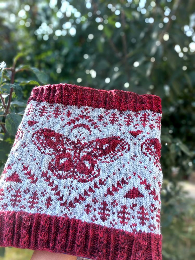 Red and silver cowl with a butterfly pattern 
