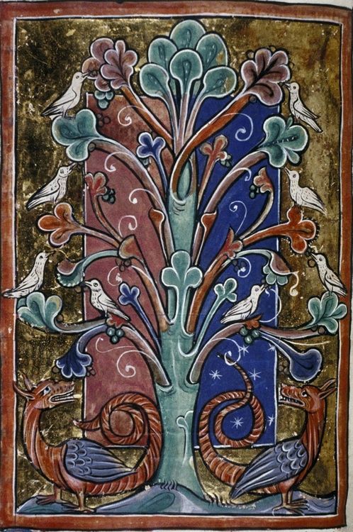 Medieval manuscript illumination of a fantastical tree with curling branches and jewel-like leaves in teal, rose, and russet tones, set against a shimmering gold background. White birds perch throughout the tree, their forms contrasting with the richly painted foliage. At the base, two dragon-like creatures with coiled tails and blue wings face outward, framing the scene. The background is divided vertically, one half deep rose, the other deep blue with gold stars, creating a sense of night and day around the central tree.