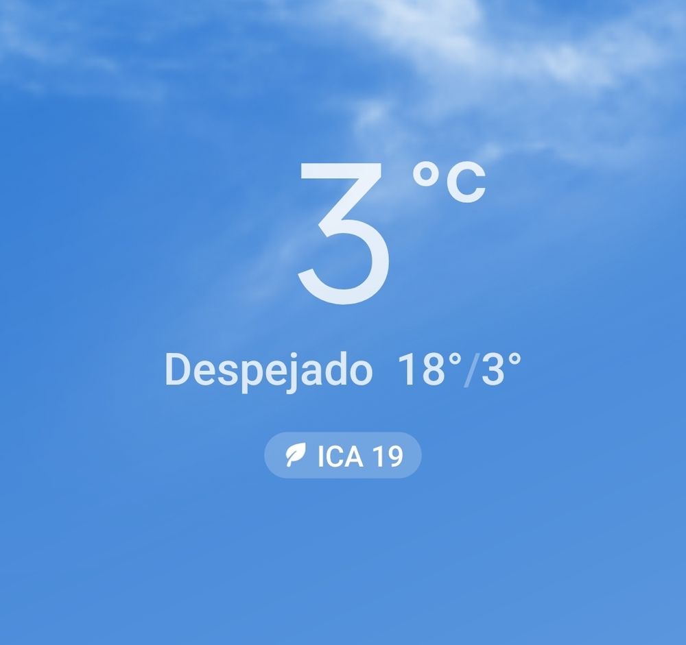Captura de la app del tiempo. Indica una temperatura de 3° y una máxima de 18, despejado