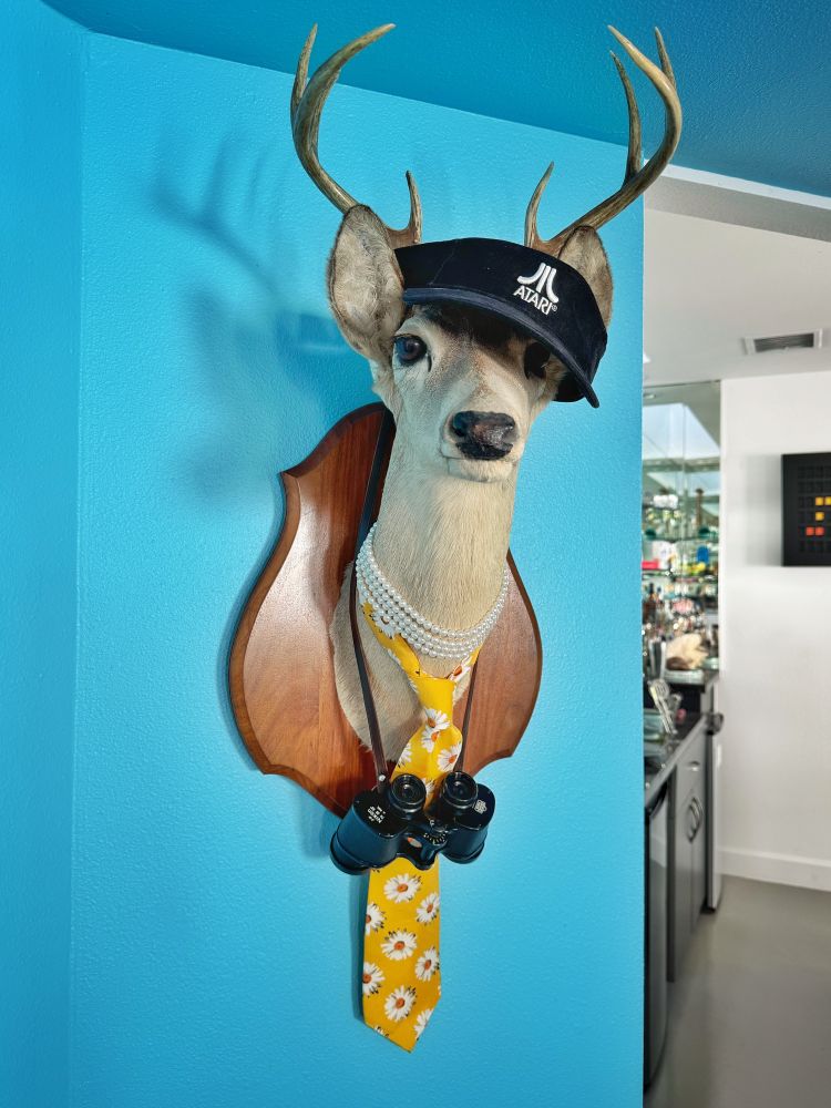 A taxidermy deer head hanging on a cyan wall. The deer’s neck is adorned with pearls, a yellow necktie with white daisies and a pair of binoculars hanging from a leather strap. On top of the deer’s head a black visor with a white Atari logo placed jauntily over one ear.