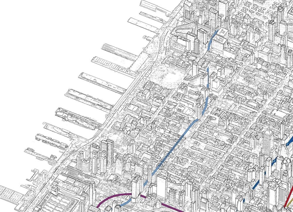 A detailed pencil sketch (or digital simulacrum) of Hell's Kitchen showing the E train on 8th Ave, the 7 train curving downtown on 42 St (and skipping Hell's kitchen altogether) and the Amtrak Empire Corridor line running between 10 & 11 Aves, mostly underground. 