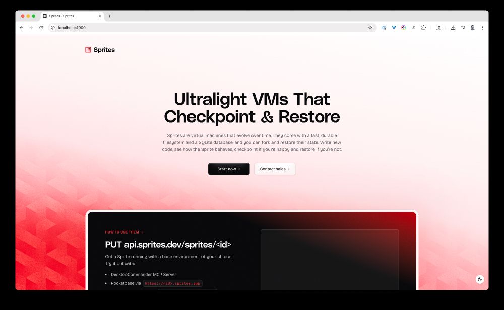 Screenshot of the Sprites landing page featuring a light theme with red accents, showing the main headline 'Ultralight VMs That Checkpoint & Restore' and product description. The page includes a code example section demonstrating the API endpoint usage.