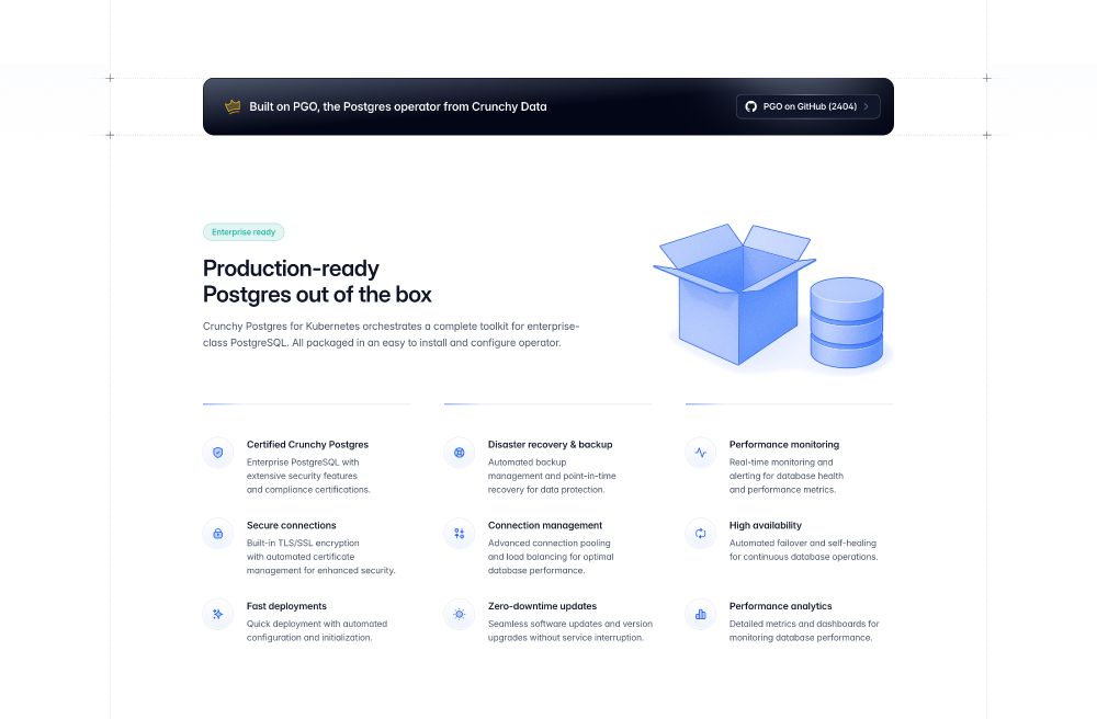 Screenshot of a product page for Crunchy Data’s PostgreSQL operator, highlighting features of “Production-ready Postgres out of the box.” The page showcases an illustration of an open box next to a database cylinder. Key features are divided into three columns, including Certified Crunchy Postgres, Secure connections, Fast deployments, Disaster recovery & backup, Zero-downtime updates, Connection management, Performance monitoring, High availability, and Performance analytics. A dark banner at the top states “Built on PGO, the Postgres operator from Crunchy Data” with a GitHub link labeled “PGO on GitHub (24.04).” Clean and modern design with soft gradients and iconography.