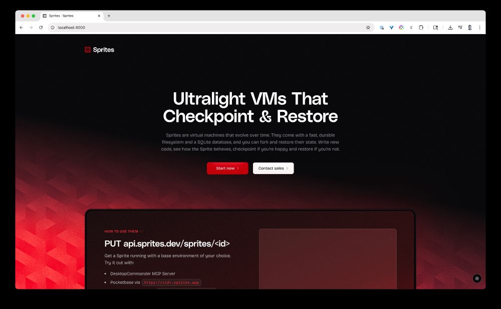 Screenshot of the Sprites landing page featuring a dark theme with red accents, showing the main headline 'Ultralight VMs That Checkpoint & Restore' and product description. The page includes a code example section demonstrating the API endpoint usage.