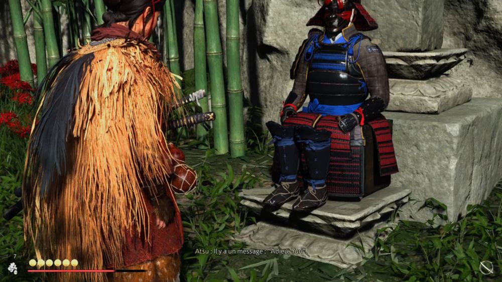 Screen de Ghost of Yotei avec comme texte : "Il y a un message : Adieu Yuri"