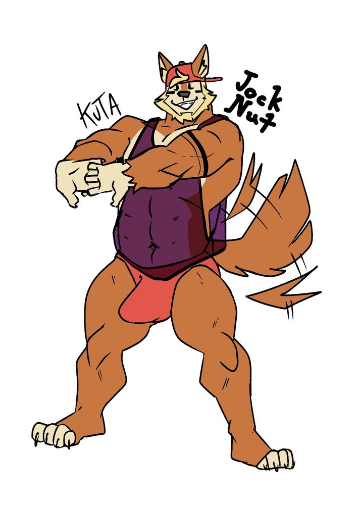 Thad the wolf in a thin purple tank top and red thong.