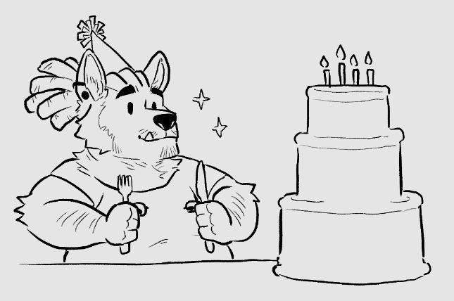 Drawings of Domalomn eating cake