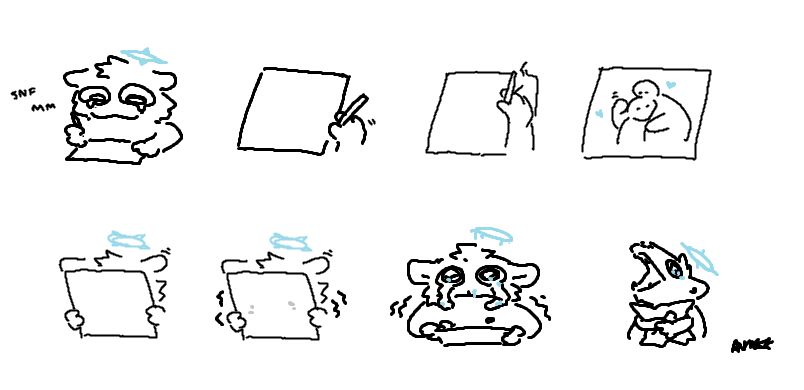 A microsoft paint comic of a sad looking cat drawing two people hugging on a piece of paper. the cat starts crying