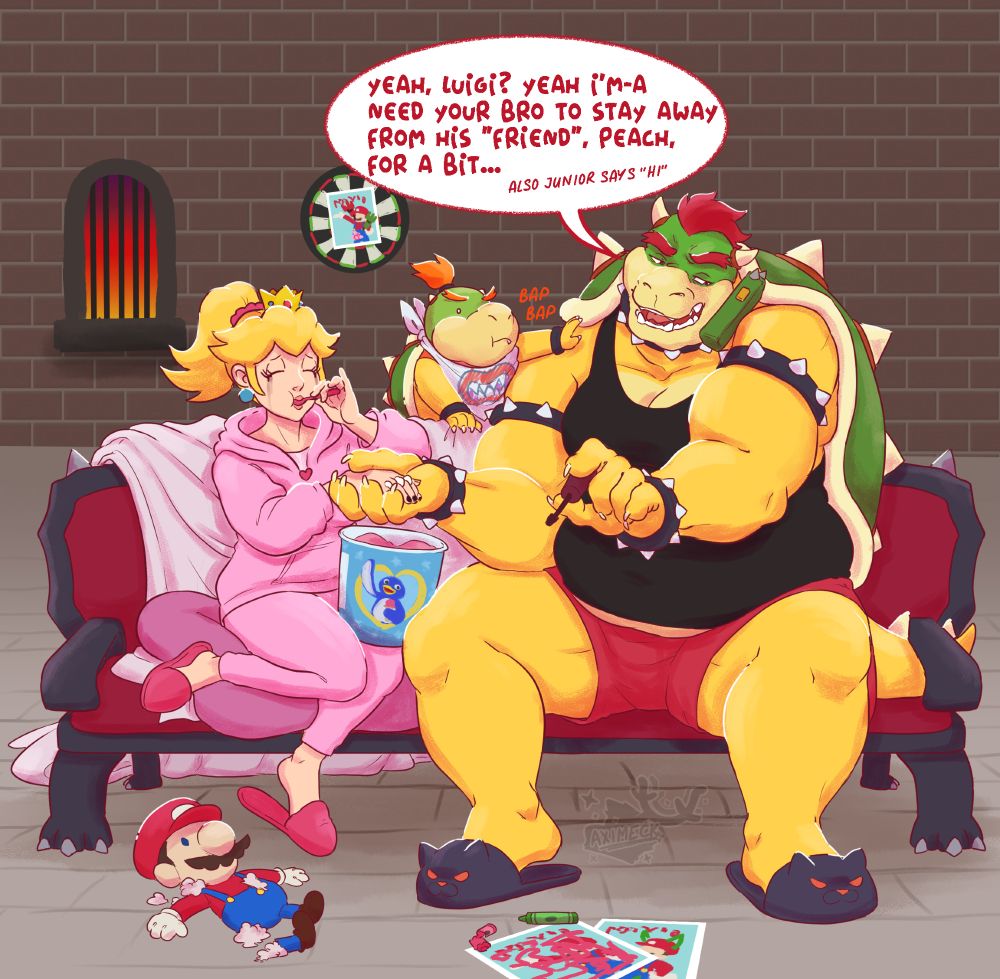Peach in a pink tracksuit and slippers sitting on a couch, having her nails painted by Bowser. Bowser Junior pats Bowser's shoulder
"Yeah Luigi? I'm-a need your bro to stay away from his "friend", Peach, for a bit... also Junior says hi"