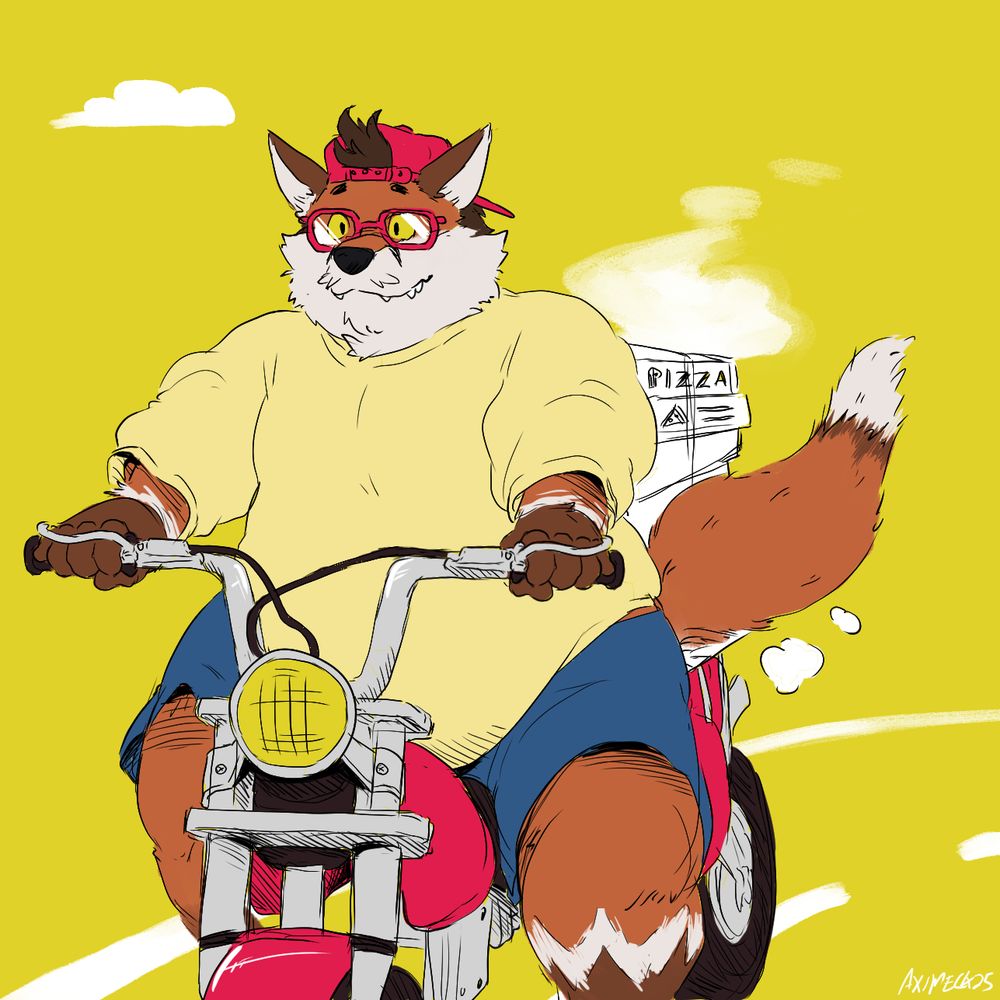 A coloured sketch of an anthro fox riding on a motorcycle with a stack of pizzas
