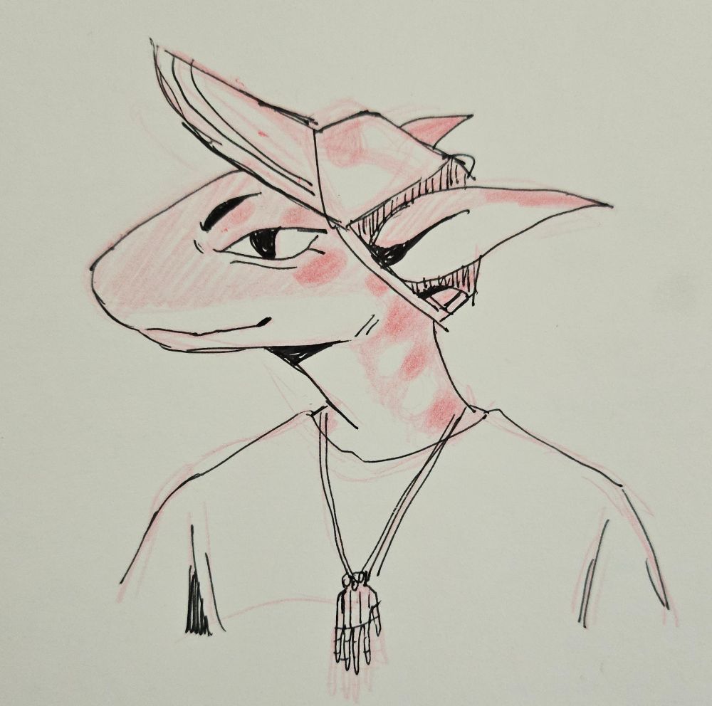 a red pencil and black ballpoint pen sketch of me as an anthropomorphic cat shark, wearing a trucker hat and skeleton hand necklace