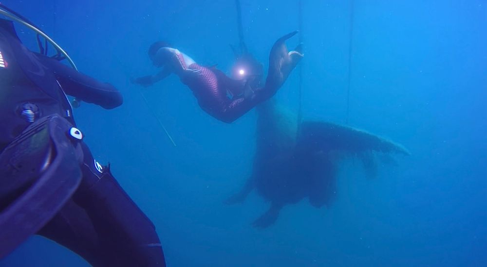 Underwater, a big dragon sculpture is suspended in the lake, its eyes are glowing, its wings are spread wide. 
a mermaid is swimming across , holding a golden trident, 
to the left in the front is a scuba diver, looking at the scene 