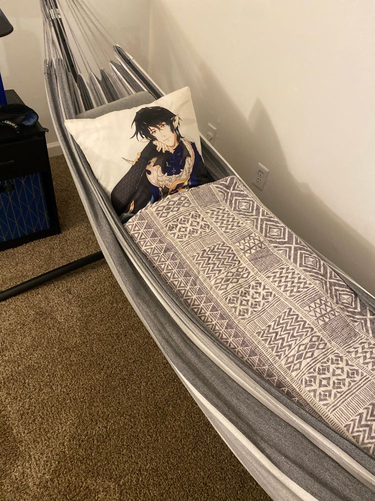 A grey and white striped hammock with a dakimura of Aymeric de Borel on it, and the pillow is mostly covered with a grey and white patterned blanket.