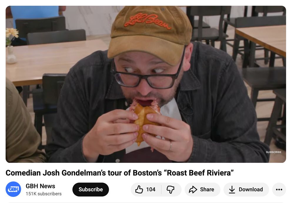 Screenshot of me eating a North Shore Beef at Londi's in Peabody, looking BUSTED. From Comedian Josh Gondelman's tour of Boston's "Roast Beef Riviera"