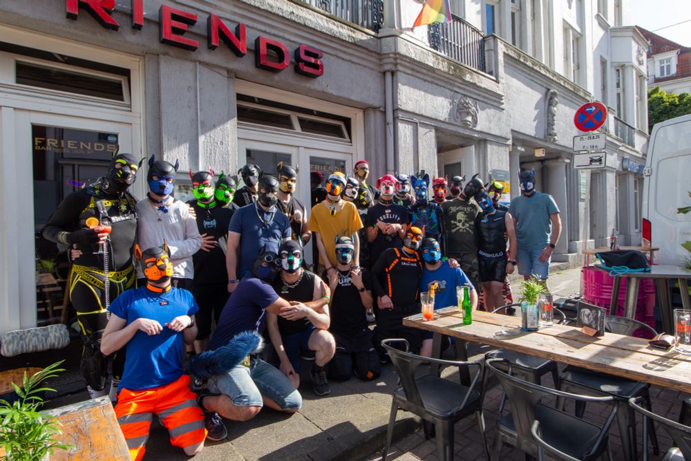 Gruppe von 25 Puppies unter anderem BenG, Bluey, Wini, Nacho, Aki, Sky, Goldi, Arty, Lio, Buffel, Stripes, Haxxor und viele mehr vor der Friendsbar