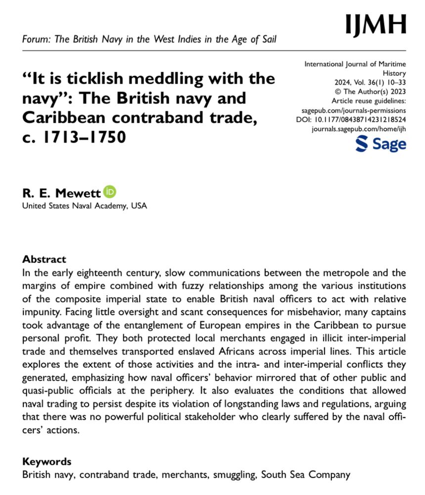 The abstract of a journal article entitled “‘It is ticklish meddling with the navy’: The British navy and Caribbean contraband trade, c. 1713–1750.”