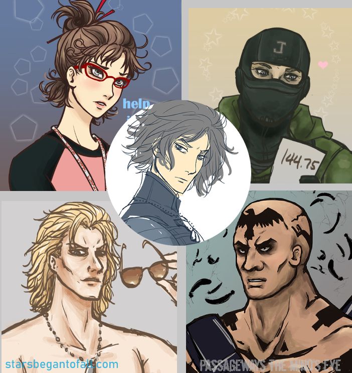 fanart portraits of Emma Emmerich, Johnny with the upset tummy, Liquid Snake, Vulcan Raven and Raiden from Metal Gear Solid 2, and maybe Metal Gear Solid