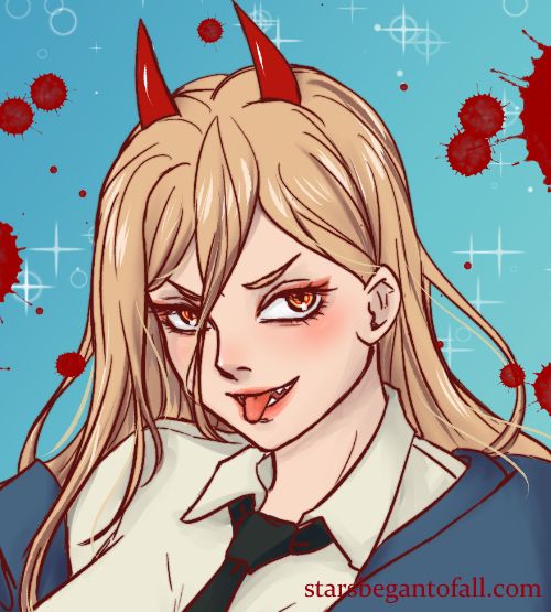 portrait fanart of Power-chan from Chainsaw Man anime with her tongue sticking out against a blue background with blood splatters