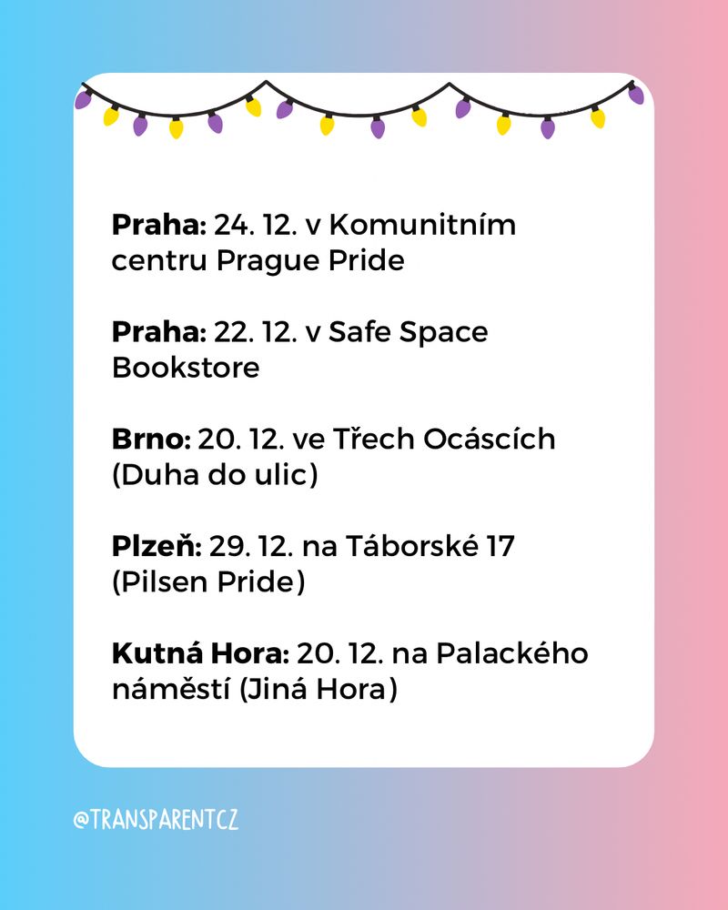Na modro-růžovém pozadí je obrázek vánočních světýlek a bílý obdélníček se seznamem míst a datumů: Praha: 24. 12. v Komunitním centru Prague Pride, Praha: 22. 12. v Safe Space Bookstore, Brno: 20. 12. ve Třech Ocáscích (Duha do ulic), Plzeň: 29. 12. na Táboorské 17 (Pilsen Pride), Kutná Hora: 20. 12. na Palackého náměstí (Jiná Hora)