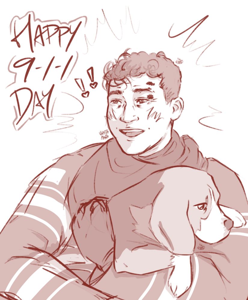 Digital sketch of Buck. He is wearing his turnouts and looks excitedly happy as he holds a dog in his arms. Text off to the side reads: “HAPPY 9-1-1 DAY” 