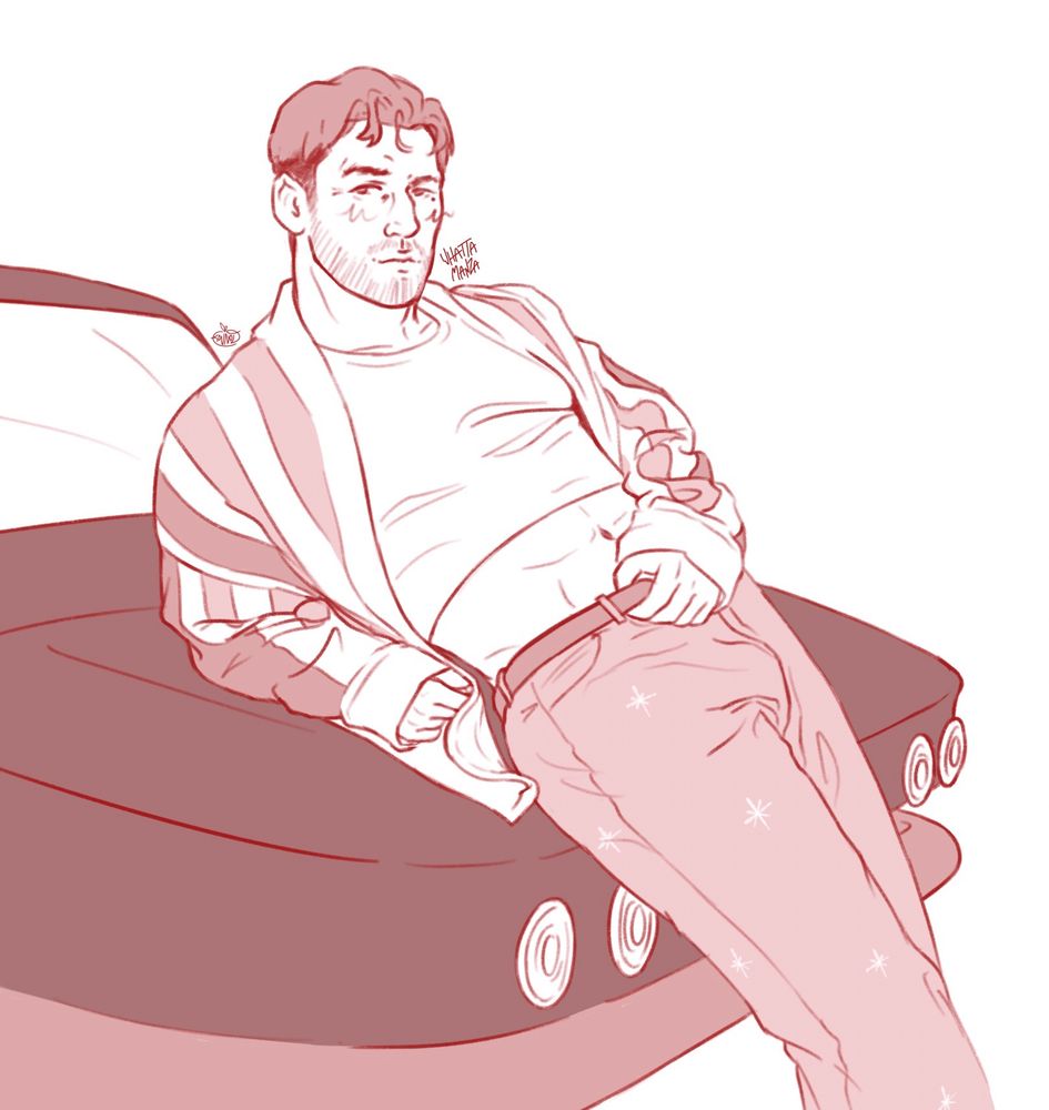 Digital drawing of Eddie Diaz leaning back on the hood of a car as he holds onto his belt. He is wearing a crop top and a striped cardigan.