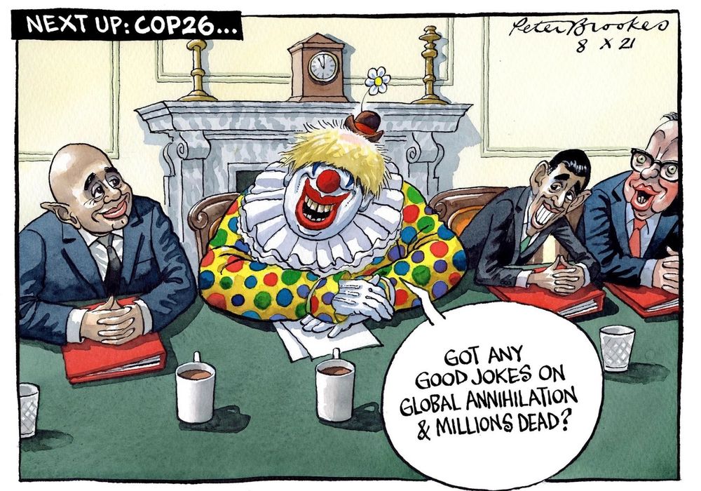 Following Boris Johnson's knockabout laugh-a-minute conference speech, the deeply unserious #BorisJohnson looks forward to #COP26 image Peter Brookes