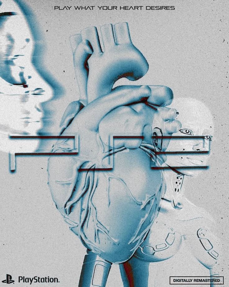 an ad for Playstation 2: "play what your heart desires", with a blue heart in the center and a robot off to the side