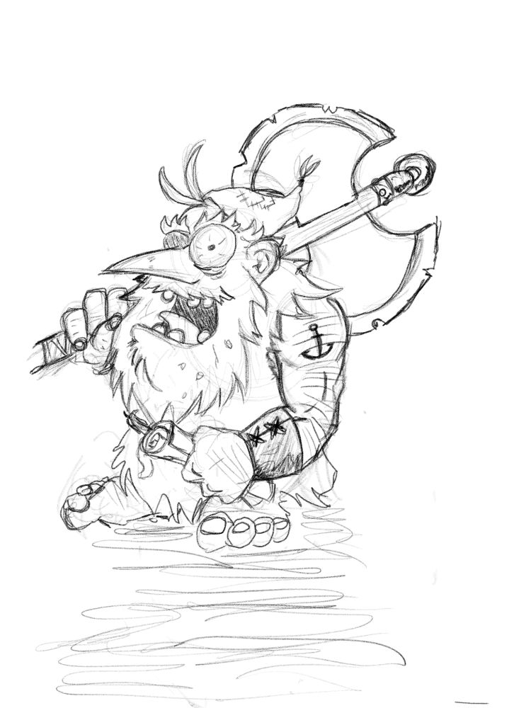 A fantasy dwarf with a huge double-headed axe propped over his shoulder. He is filthy and his clothing is ragged and his expression is manic. He has the body proportions of an orangutan, and one look at his beady bloodshot eye is all it takes to know that his mildewy little brain has never been polluted by even a single thought.
