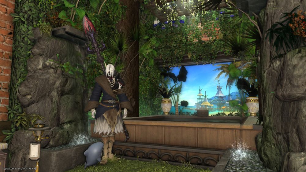 A building interior in the video game Final Fantasy 14 made to resemble a hot tub hidden away in a back corner of the structure that's been allowed to become heavily overgrown with plants.