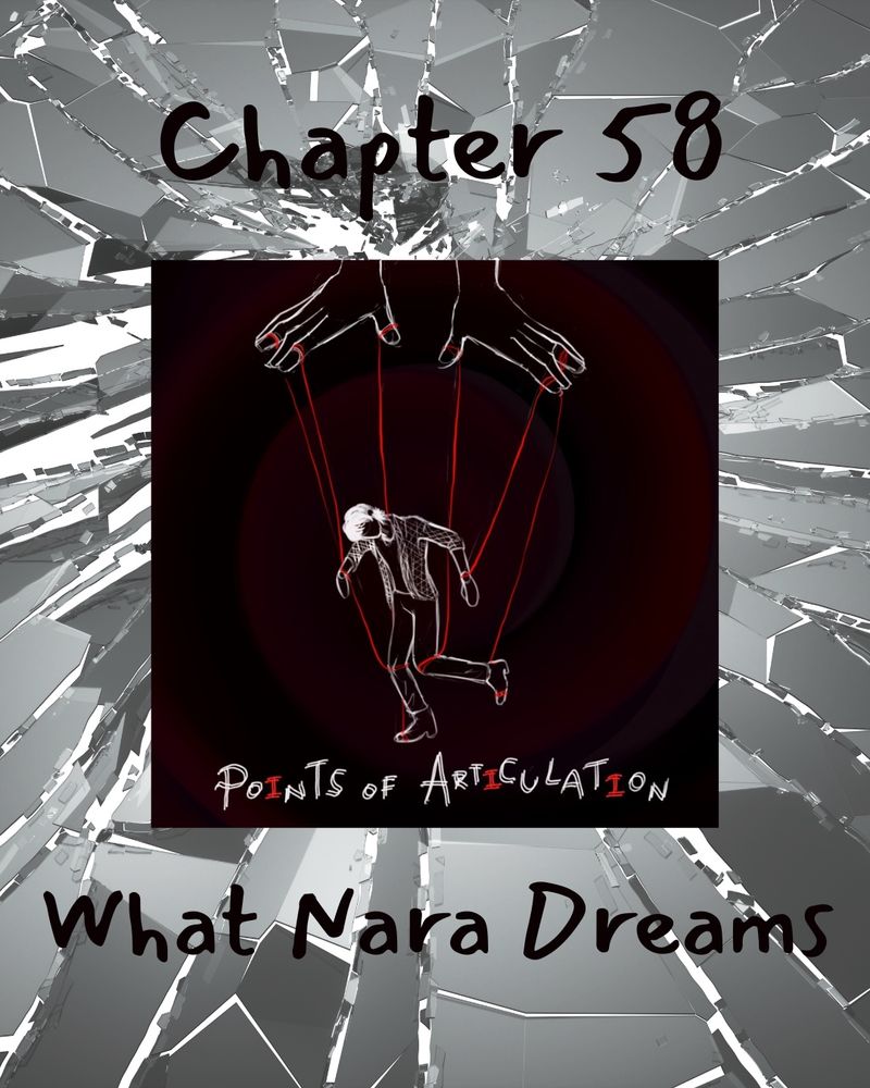 A grey shattered mirror with the cover art inlaid. A marionette is held up by red string. The text says “points of articulation”. Above the cover art it says “chapter 57” and below it says “the plan”