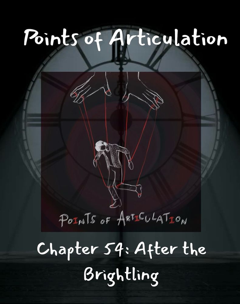 The inside of a clocktower with light shining through the clock face. The cover art is inlaid over the clock face: a red swirl with a white marionette being held by red string. The text above the photo says “points of articulation” in white and the bottom of the photo says “chapter 54: after the brightling”