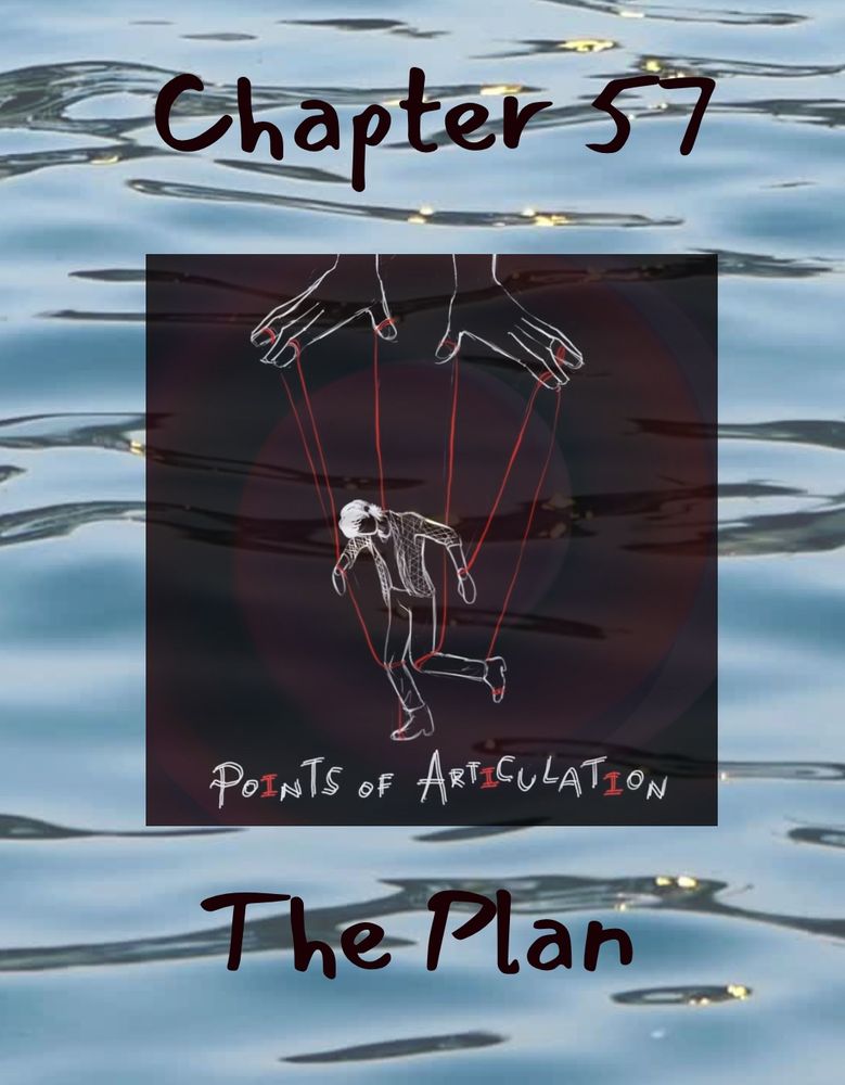 Waves on a lake with the cover art inlaid. A marionette is held up by red string. The text says “points of articulation”. Above the cover art it says “chapter 57” and below it says “the plan”