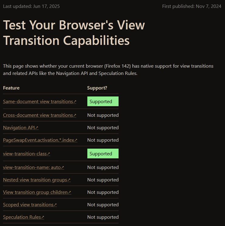 A test page that shows which features of the View Transition API your browser supports, here showing Firefox Nightly (142).
It supports not only same-document view transitions but also the view-transition-class property that is specified in the Level 2 specification.