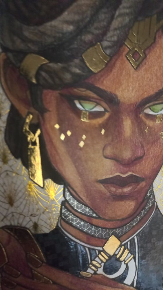 A closeup of a traditional portrait of Mel Medarda from Arcane. She's painted with watercolor and color pencil. Her golden details, her dress and the background is made with gold, black and white washi tape 