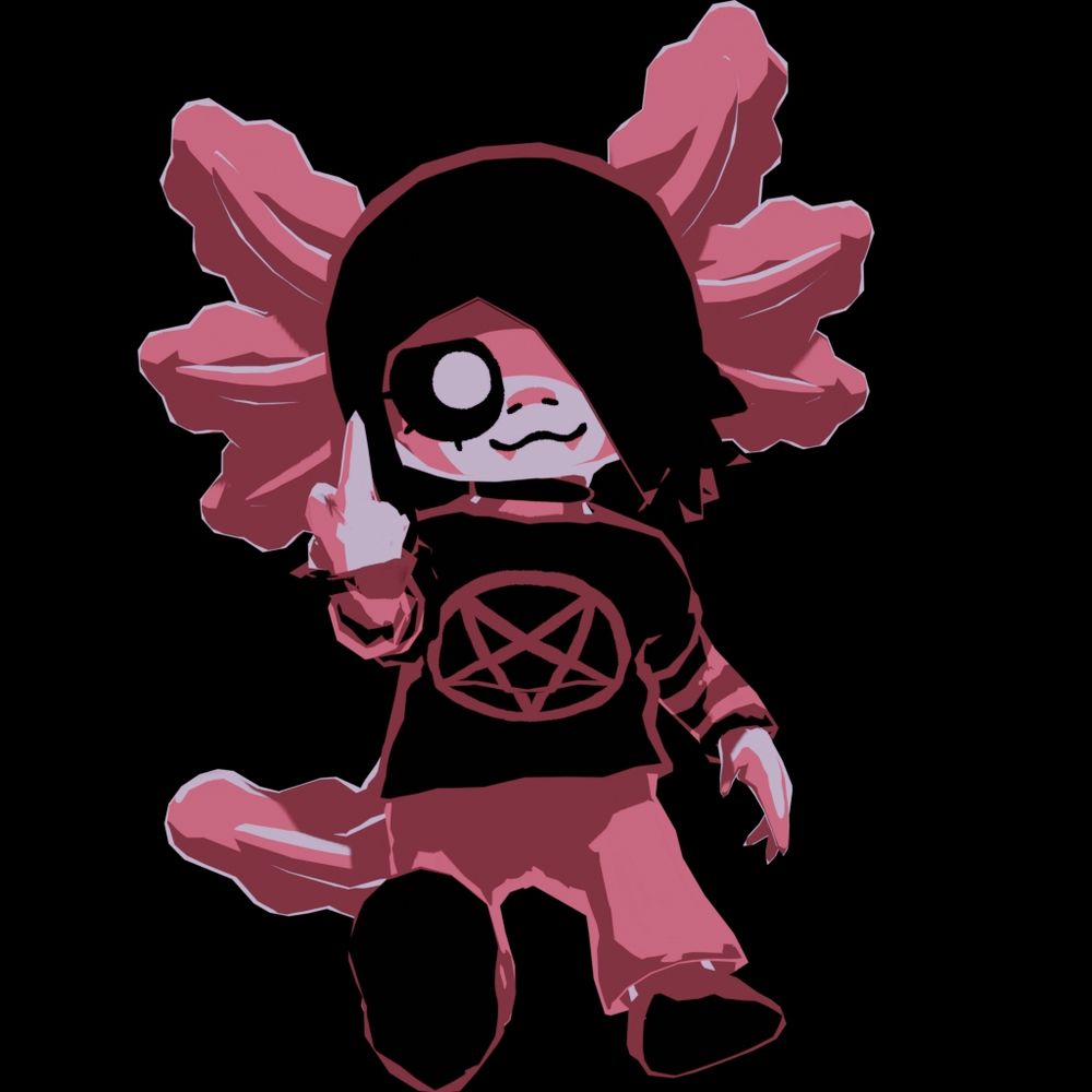 My sona, rendered in a 3D toon style. An anthropomorphic axolotl with black hair covering one eye with three lashes; fangs; a black choker; a black graphic t-shirt displaying a red pentagram; black and red striped sleeves; red pants; and black shoes. (Alt text copied from original post)