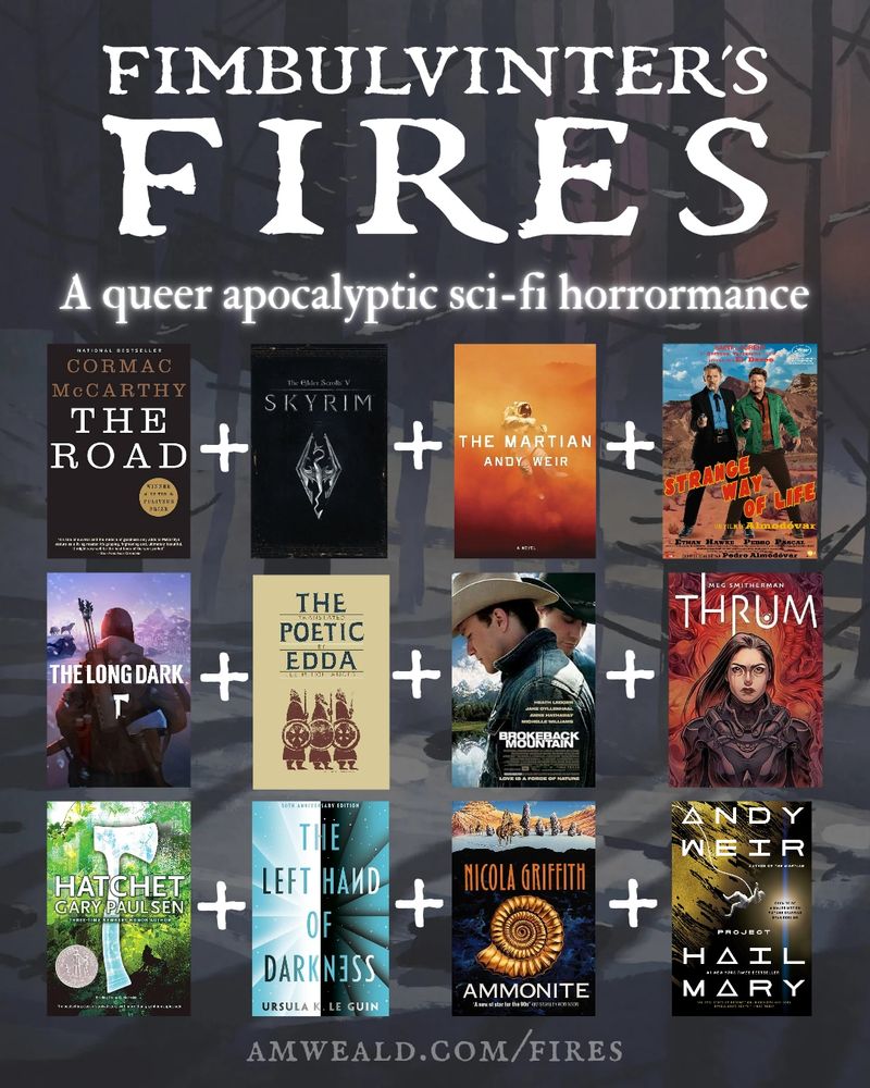The road, Skyrim, the martian, project hail Mary, strange way of life, the long dark, the poetic Edda, Brokeback Mountain, thrum, hatchet, the left hand of Darkness, ammonite