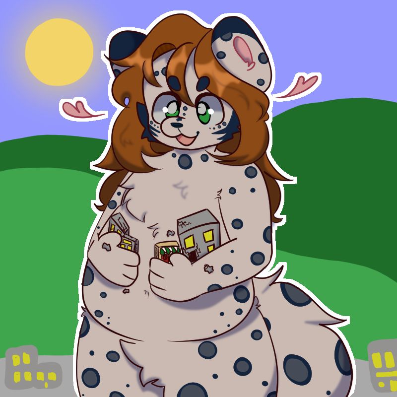 Conrad, a giant snow leopard, squeezes a couple of buildings against his belly