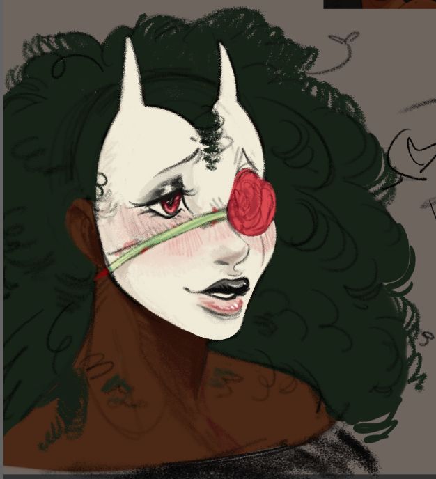 A rough sketchy and colored headshot of a woman with fluffy dark green hair. She is wearing a white mask over her face that is secured by a pinkish red rose and a light green vine.