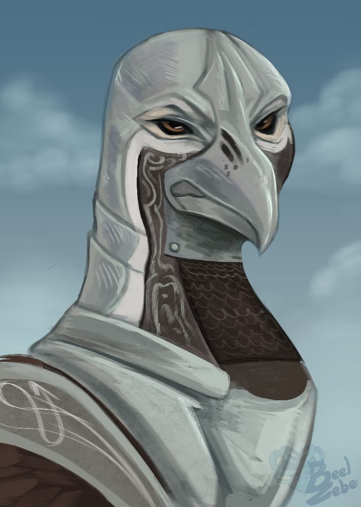 A painted bust of a bird character wearing armor and looking at the viewer with an angry expression.